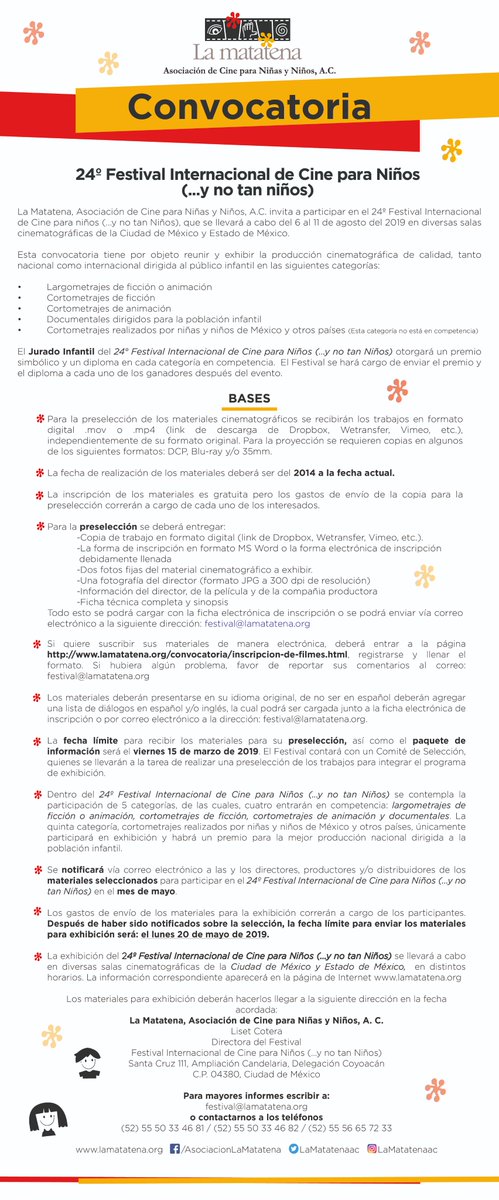 LaMatatenaAC's tweet photo. 📢#Aviso @LaMatatenaAC invita a participar 24º Festival Internacional de Cine para niños (...y no tan Niños) con producciones cinematográficas nacionales como internacionales, dirigidas al público infantil ¡Registra tu material!👧🧒📽️ + info: https://t.co/lx7iKKXKVN https://t.co/r1FEhQBhPw