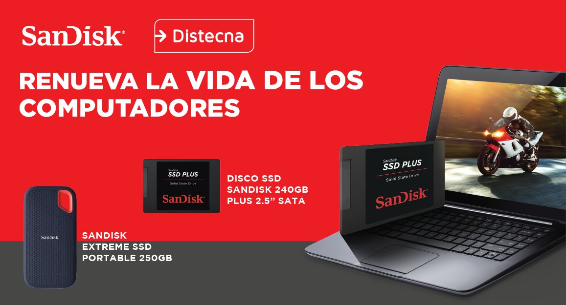 DistecnaChile's tweet photo. Nueva vida al computador brindan los discos sólidos de @SanDisk. #ExtremePortableSSD es compacto, pequeño, robusto y resistente al agua y polvo. Mientras que el #SSDPlus posee un funcionamiento refrigerado y silencioso, con arranque y tiempo de carga de aplicaciones más rápidos. https://t.co/EmrIEgMrFZ