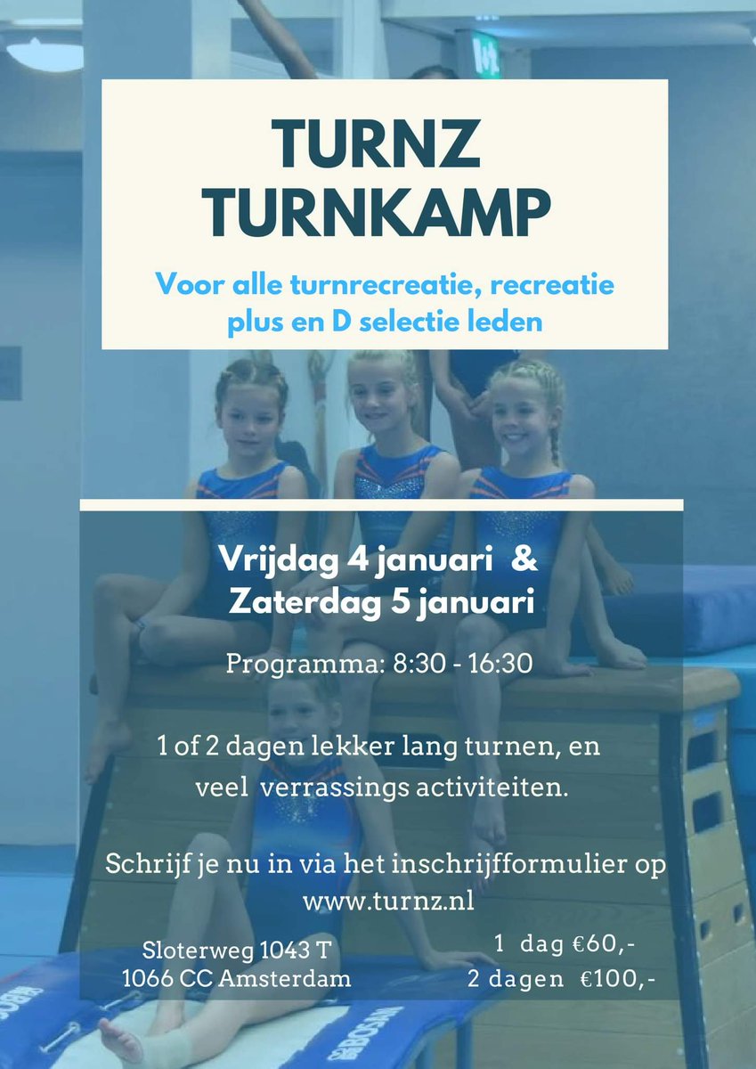 TURNZ TURNKAMP! Vrijdag 4 januari &amp; zaterdag 5 januari 219 kunnen kinderen twee dagen lang lekker veel turnen tijdens het Turnz turnkamp. Het programma start om 8:30 en eindigt om 16:30. Er zijn slechts 40 plekken beschikbaar dus meld je nu aan via supersaas.nl/schedule/Turnz…