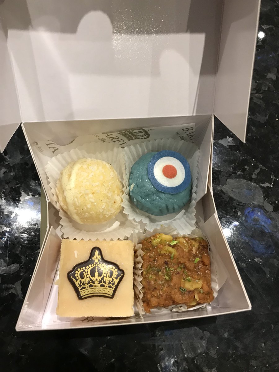 BalbirFlora's tweet photo. @Amirkha12533130 Gift of Indian sweets specially crafted for our event by #Barfia were very popular and tasty too with all our guests. Love they new salted caramel with the chocolate crown on it. Blueberry peda with RAF logo, Habshi Halwa and white Peda with coconut and white chocolate drizzle. https://t.co/Cabw9c8zn4