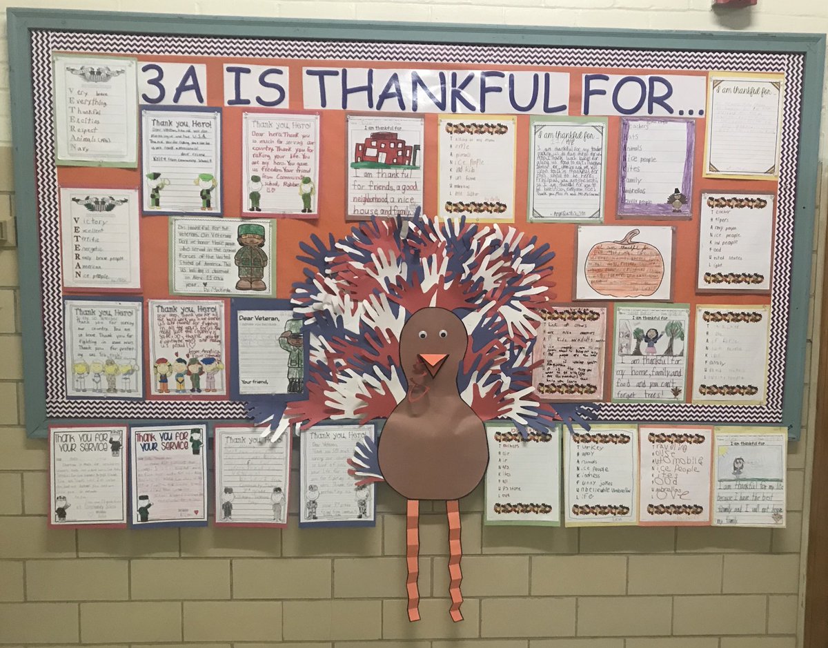 MsAugoustakis's tweet photo. This beautiful bulletin board is one example of my students’ hard work &amp; shows their gratefulness for different things in their lives. I combined Veterans Day thankfulness &amp; life thankfulness into one exemplar! I’m so proud of these 3rd grade writers and artists! @CommunityComets https://t.co/1mnfpAjVwf
