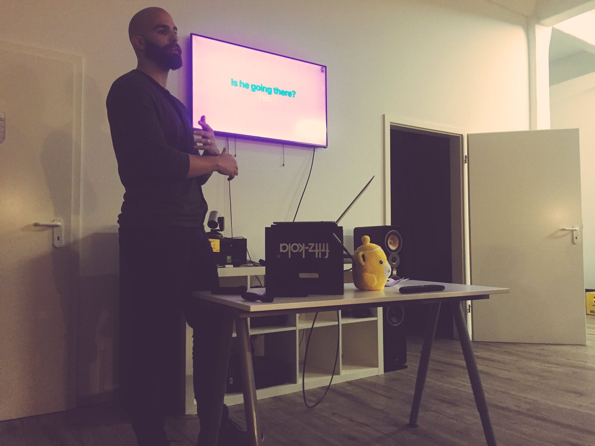 Coding_Berlin's tweet photo. Okay, we tried 3 adapters but still @motleydev 's presentation is showing up very pinkish. His #graphl code is *far* more aesthetic than what the screen makes out of it 🙈 thanks for supporting us today, @GraphCMS ! https://t.co/3Bf4C0Ir4x