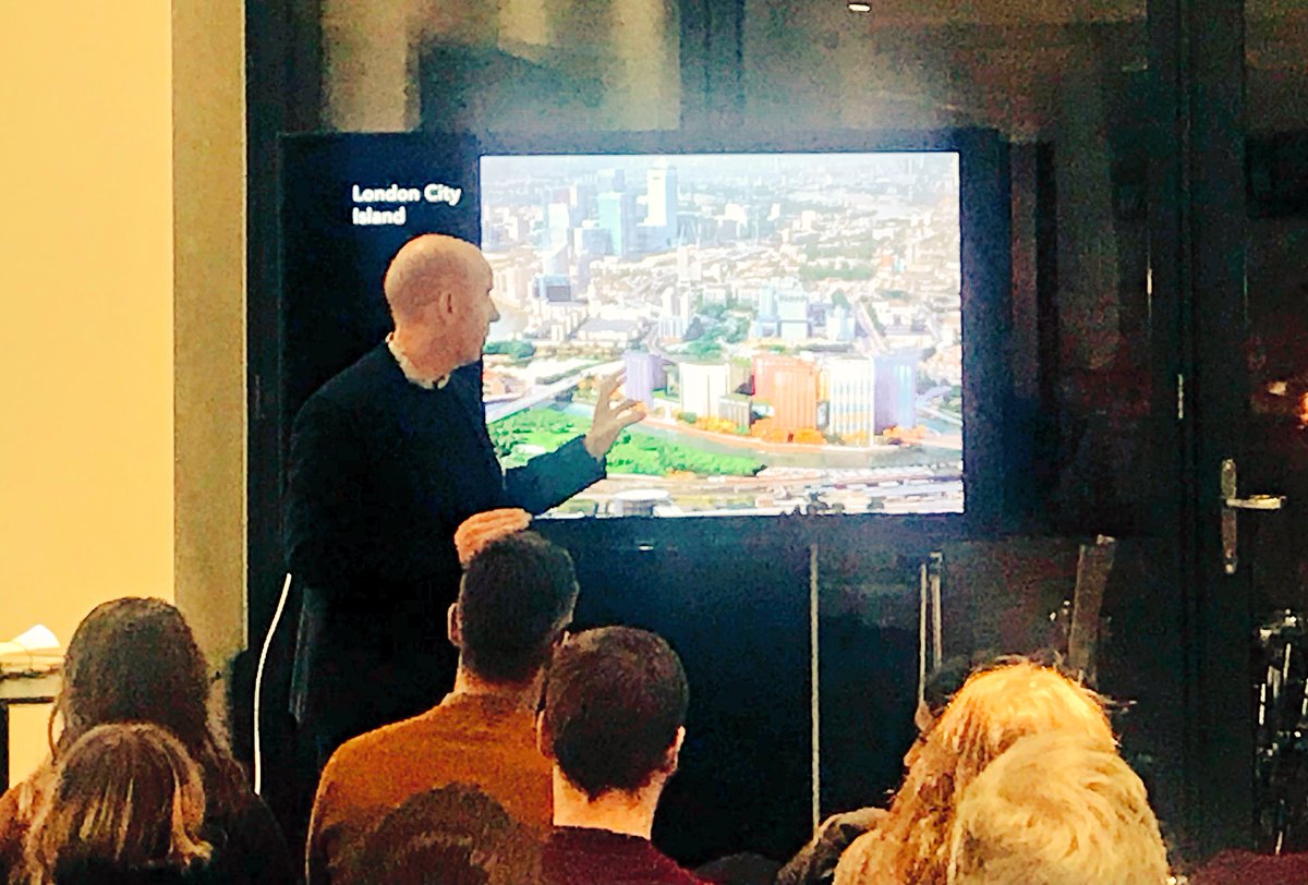 Birm_Arch's tweet photo. Daniel Mulligan, #Birmingham Studio Director of @Glenn_Howells showcasing their work on the  #London City Island at tonight’s #Brickworks. https://t.co/yZPUe2lfbZ