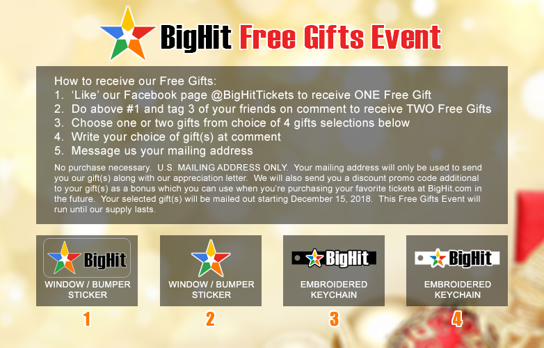 BigHitTickets's tweet photo. https://t.co/gLrxA3WRKa  FREE GIFTS EVENT
Just simply 'Like' our Facebook page at https://t.co/l0x4PRNhKi and follow How to receive our Free Gifts.
#BigHitTickets #BigHit @BigHitTickets https://t.co/sXA5sQpej0