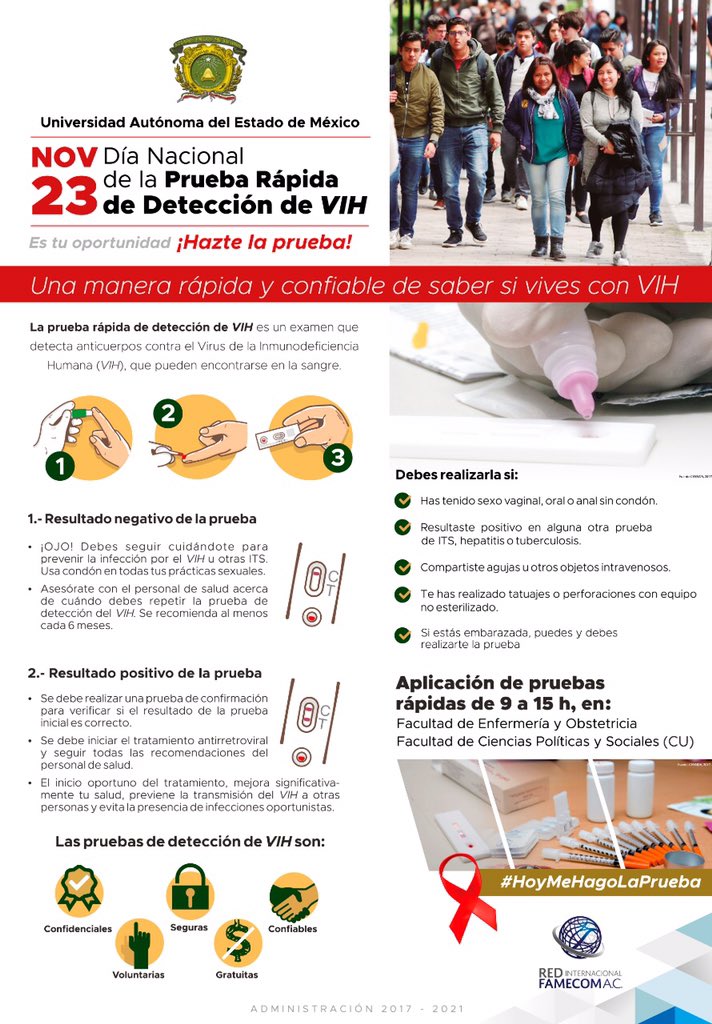 famecom_red's tweet photo. Asiste el día de mañana, es tu oportunidad. 
#HazteLaPruebaDeVIH #DíaDeLaPruebaDeVIH #ConoceTuEstado

Aplicación de pruebas rápidas de 9 a 15 hrs. en: 
📍 Facultad de Enfermería y Obstetricia 
📍 Facultad de Ciencias Políticas y Sociales @UAEM_MX https://t.co/TqHwxWcqcD