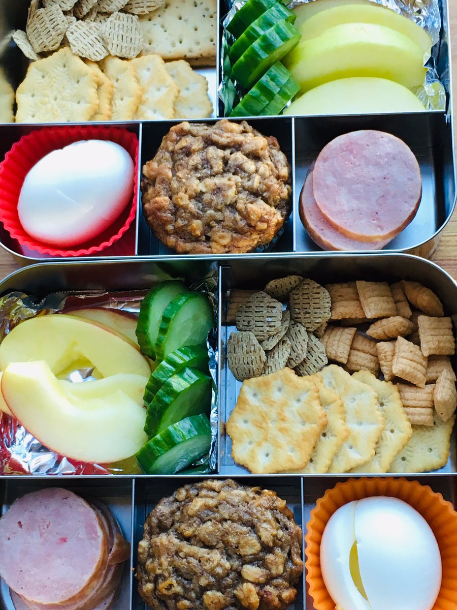 k00mclean's tweet photo. Another #lunchbots school day. Boiled egg, turkey kielbasa, crackers, apple, cucumber, and banana oat muffin... muffin recipe can be found on the blog: https://t.co/yB4XPeYwyE https://t.co/APPRR7Kai5