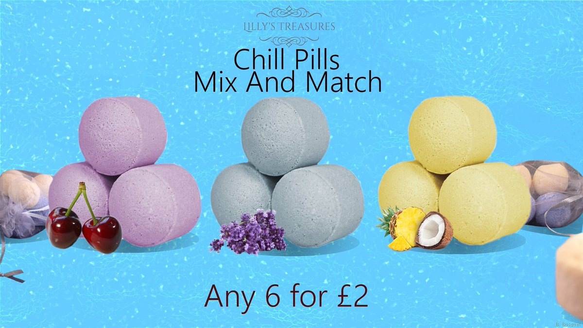 LillyTreasures's tweet photo. Everybody needs a Chill Pill 💊 Mix and Match flavours Any 6 for £2! #bathbomb #chillpill #mixandmatch #gifts #giftshop #cherry #lavender #pinacolada https://t.co/V5FpWytuio https://t.co/BoZhsucU4c