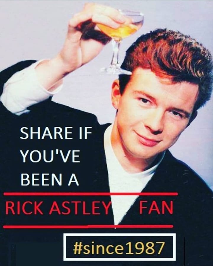 vxo1311's tweet photo. ๐ I'm a fan of Rick Astley since 1987.๐
Fan for life.
Share if you are a fan of @rickastley since 1987.
#youmakeme
#1987
#rickastleyfansince1987
#rickastleyfanforlife
#teamrickastley
#rickastleysangels
#RickAstley
๐ผ๐ต๐ถ๐ฅ
. https://t.co/QloM45LaqX