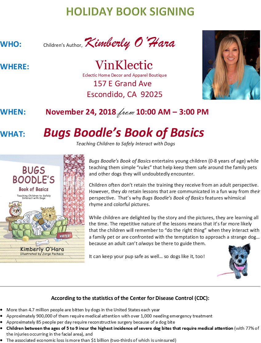 BugsBoodle's tweet photo. Special Holiday Book Signing on #ShopSmallSaturday with Kimberly O’Hara, author of Bugs Boodle’s Book of Basics: Teaching Children To Safely Interact With Dogs (also available on Amazon)

Where: Vinklectic! 157 E Grand Ave, Escondido, CA 92025
When: Sat, Nov, 24th 10am-3pm https://t.co/XVxVf4yadV