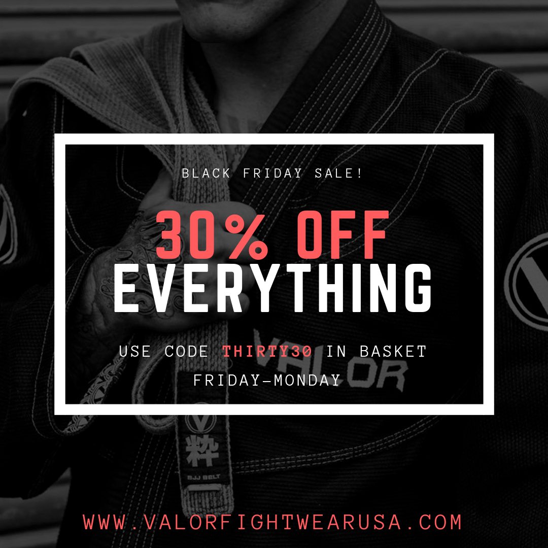 ValorFW's tweet photo. BLACK FRIDAY is on!! Get 30% off everything on our site - use code: THIRTY30 in basket. The sale is on until midnight on Monday!
.
.
https://t.co/yvvJeao3UE
.
.
#bjj #bjjlife https://t.co/xh6pCYADY0