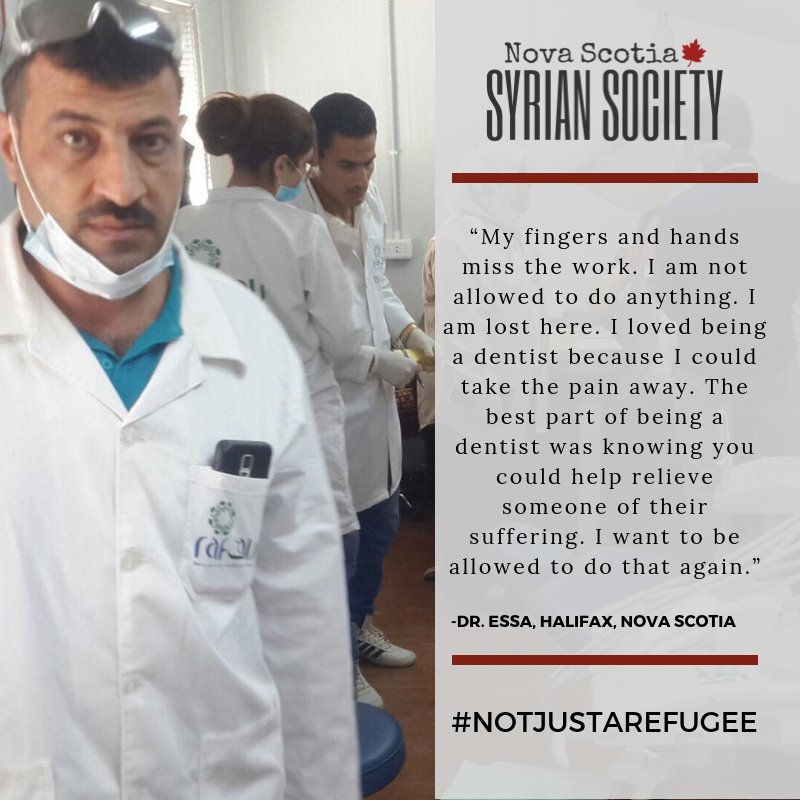 NovaSyrians's tweet photo. This is Dr. Essa.  He was a #dentist in #Syria, owning his own practice &amp; working for the Ministry of Health. He is going through the process of becoming a dentist again. It's not easy; but he is hopeful that he will be able to practice again here in #NovaScotia #notjustarefugee https://t.co/yc9Zlb7b0e