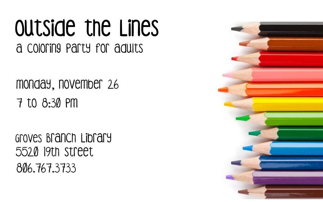 lubbocklibrary's tweet photo. Relieve stress at our adult coloring program! Monday, November 26 at the #GrovesLIB from 7 to 8:30 PM.
#LubbockLibrary #Coloring https://t.co/euM8SOryTI