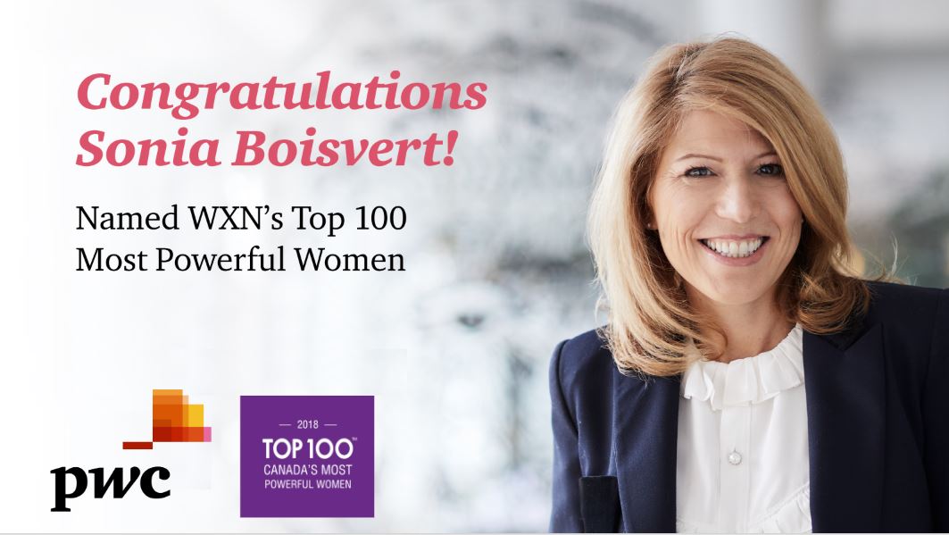 ESwern's tweet image. Congrats to @PwC_Canada's Sonia Boisvert on being recognized as one of @WXN's Top 100 Most Powerful Women in Canada #PwCProud #PwCInclusion #StandinherShoes #CMPWTop100