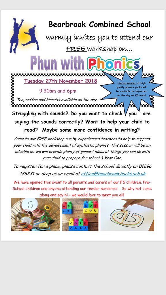 bearbrooksch's tweet photo. Phonics workshop at Bearbrook School on Tues next week! We would love parents from our feeder nurseries to attend too! Please give us a call if you want to come along! #earlystart #earlyyears #gettingitrightfromthestart @Aylesburycoll @aylesburyvale @aylesburytown please share! https://t.co/jR2sYKRBP3