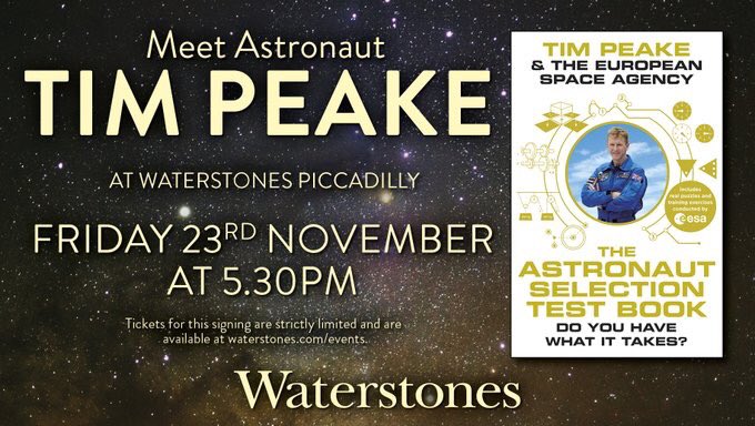 astro_timpeake's tweet photo. Thank you to everyone who came to @WaterstonesCamb tonight for the #AstronautSelectionTestBook signing. So great to meet you all! Tomorrow I’ll be @WaterstonesPicc 
https://t.co/zm0BU1fSln https://t.co/mStUVUfceV