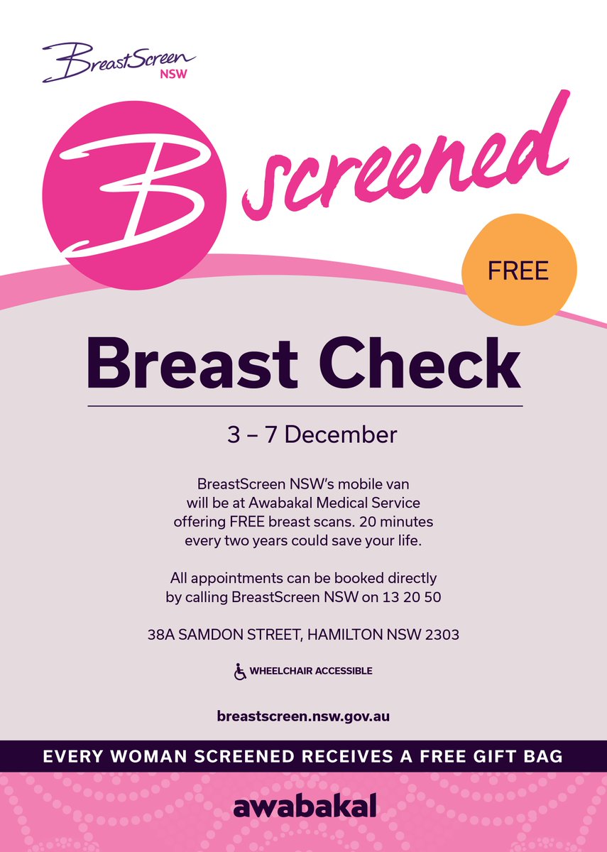 awabakalltd's tweet photo. Join @awabakalltd for your FREE breast screen.
Just 20 minutes could save your life.
The mobile BreastScreen NSW van will visit Awabakal Medical Service from 3 - 7 December.
Book now by calling 13 20 50.
#awabakal #ourmob #community #breastscreen #bscreened #breastcheck https://t.co/b3ZeEKKfMY
