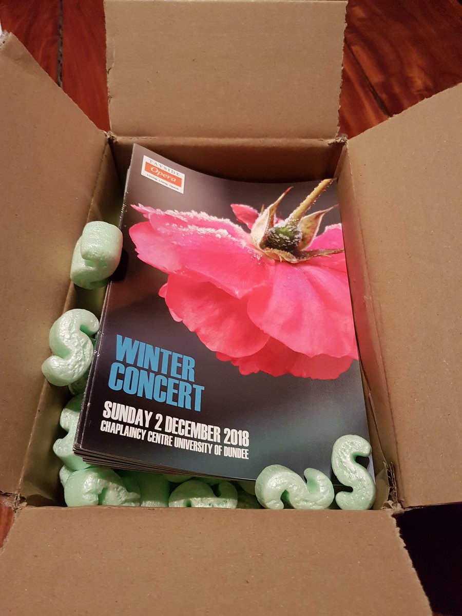 TaysideOpera's tweet photo. You know it's getting close to concert time when the programmes arrive from the printers. 😃. Sunday 2 December 7.30PM Chaplaincy Centre, University of Dundee. @OperaScotland @courier_dundee https://t.co/caET8TSpXM
