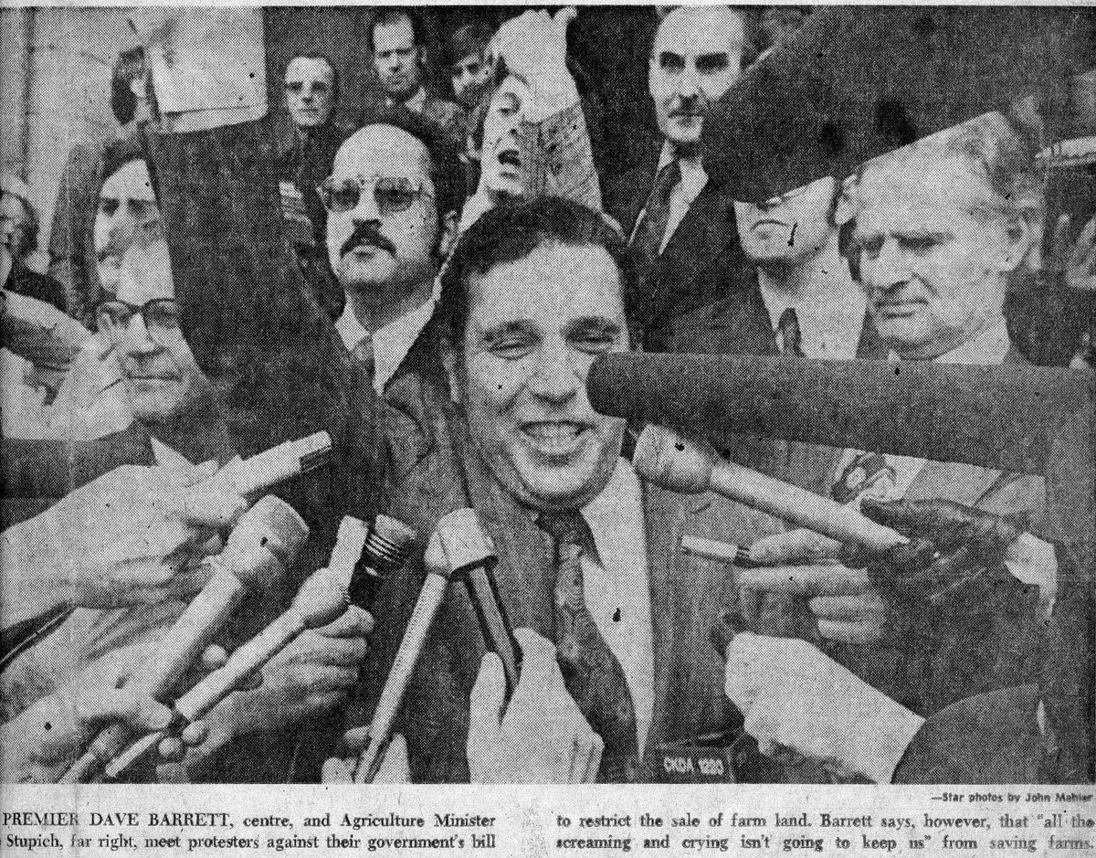 FARMWATCHBC's tweet photo. History repeats itself. In 1973, 2500 people protested Bill 42 for #ALR. Premier Barrett said, "all this screaming and crying" isn't going to stop us from saving farms. Now it's #Bill52 and @jjhorgan @lanapopham will be just as strong. #Bcpoli #supportbill52 https://t.co/2npjdIOChm