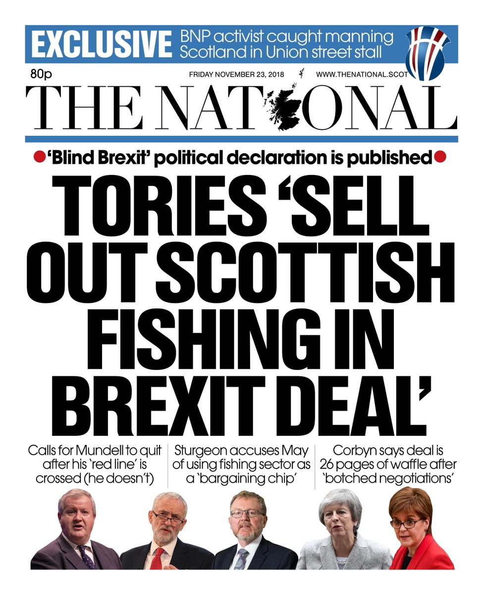 ScotNational's tweet image. Here's tomorrow's front page: Tories 'sell out Scottish fishing industry' ... PLUS: Mundell called on to quit (he doesn't) and Sturgeon says Brexit deal is 'bargaining chip' for May