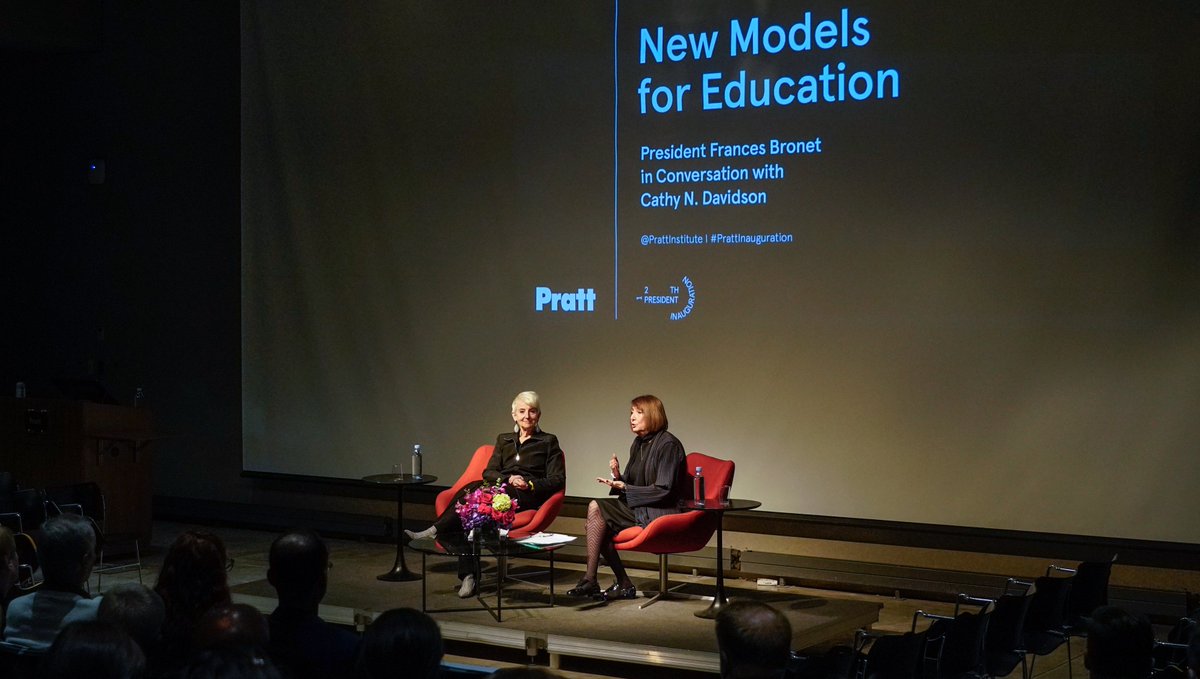 PrattInstitute's tweet photo. “What ultimately inspires change?” asked #PrattPrezBronet at “New Models for Education,” an insightful discussion with educational innovator @CathyNDavidson that launched the #PrattInauguration celebrations: https://t.co/AxfPDxkPe6 https://t.co/MSSRm6F1v7