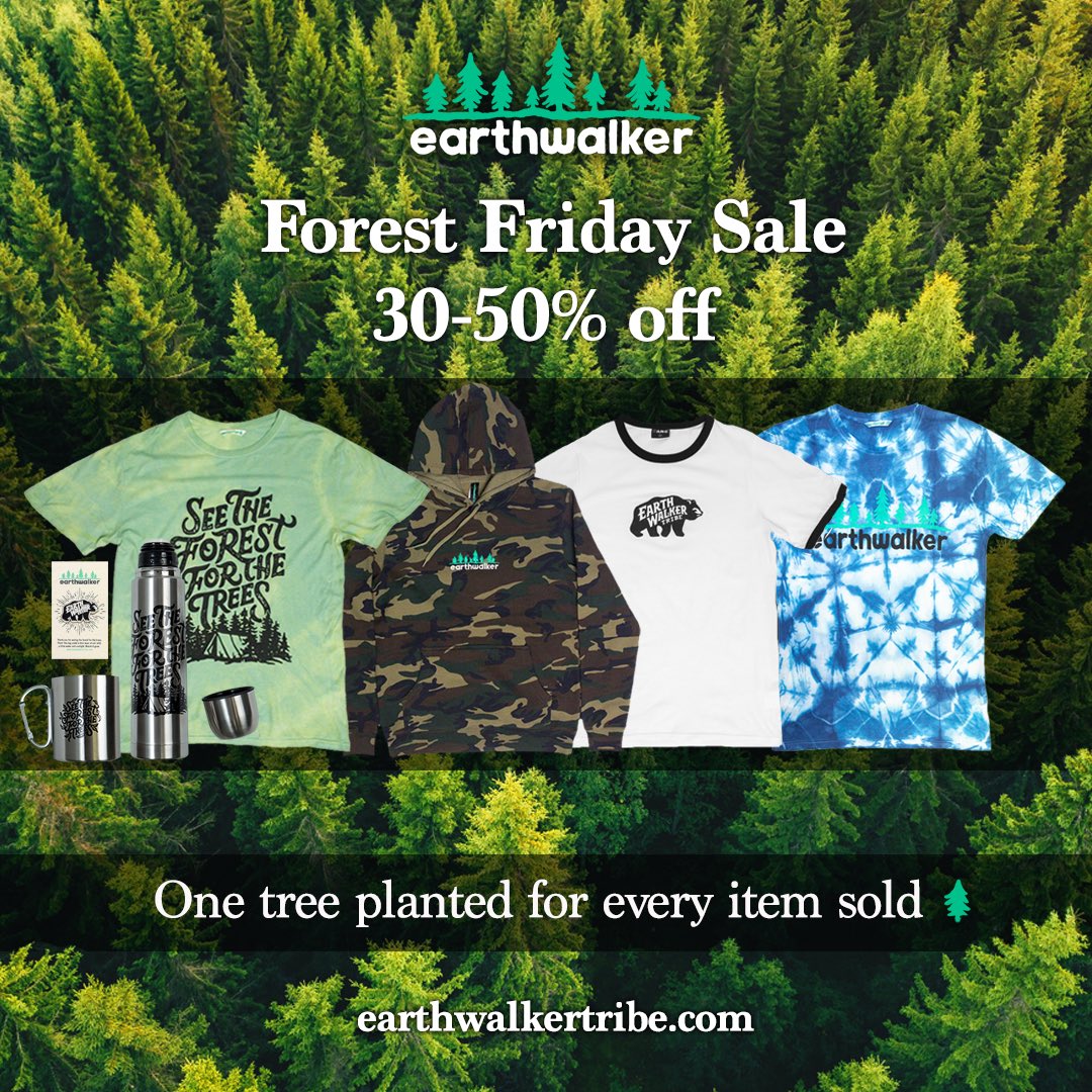 earthwalkercamp's tweet photo. FOREST FRIDAY 30-50% off because green is the new black &amp; we are planting as many trees as possible! One tree planted in a forest garden for every item sold. Shipping worldwide. Sale ends Monday:  https://t.co/3nP8vvlcgP 🌲 https://t.co/p1QQxlZGQg