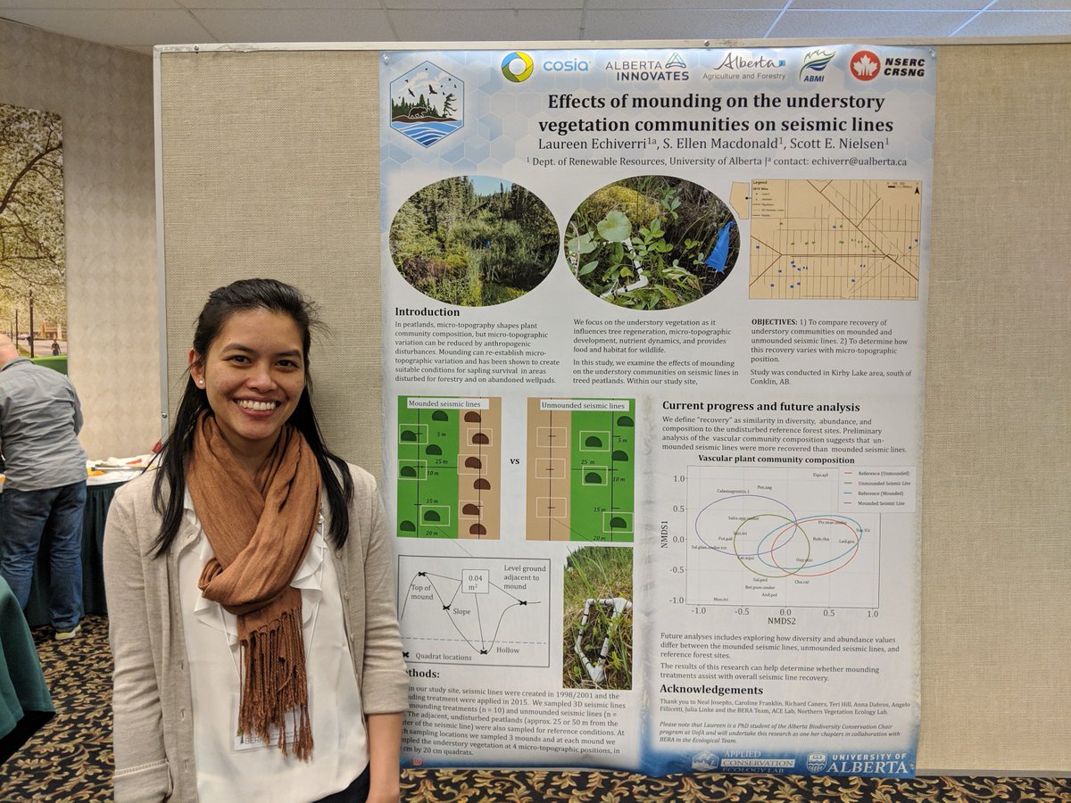 UA_ACELab's tweet photo. ACE Lab is at the BERA (Boreal Ecosystem Recovery & Assessment) workshop, presenting our work looking at #seismicline recovery and #regeneration! We look at the effectiveness of #mounding treatments, importance of #microtopography, and effect of #wildfire on regeneration. https://t.co/jwTXSRTC2p