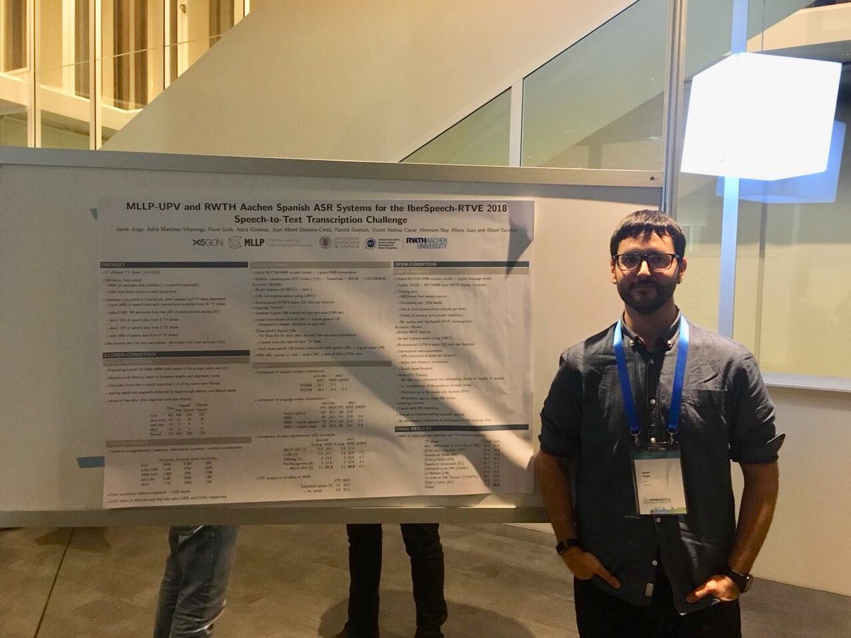 Today MLLP member Javier Jorge presented at #IberSPEECH2018 in Barcelona our speech-to-text systems for the #IberspeechRTVEchallenge. We are glad to announce that our systems won both tracks of this international challenge on TV show transcription!