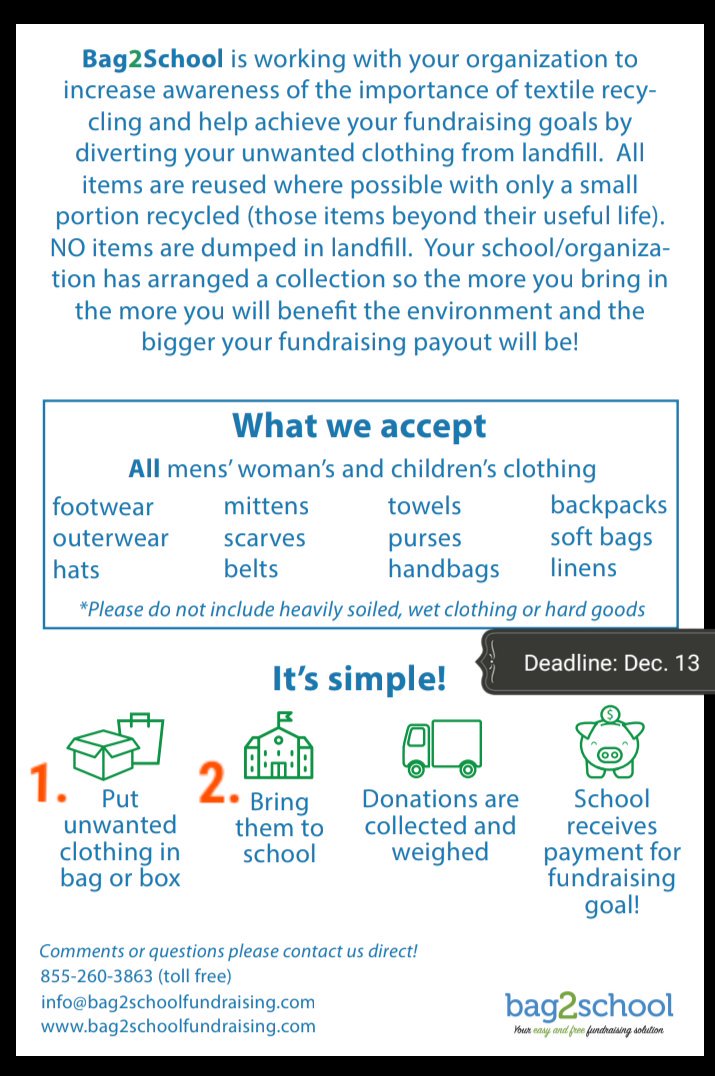 EcoFairlawn's tweet image. .@EcoFairlawn team is organizing our 1st #RecycleTextiles campaign. Help keep landfills free of textiles while earning money for @FairlawnPSPDSB Start bringing your donations next week until Dec. 13 #reducewaste @bag2schoolna