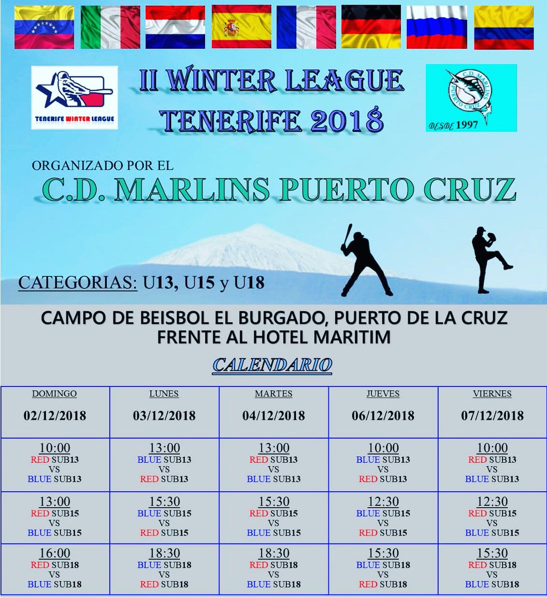 RT @amontanel: RT @MarlinsPC: II Winter League Tenerife 2018
Los mejores talentos internacionales U13, U15 y U18⚾⚾⚾
@rfebs @fcanariabs @cabildotenerife @tenerife2030 @islascanariasoficial @aguafuentealta @ayuntamientopuerto @mlb #islascanariasoficial…