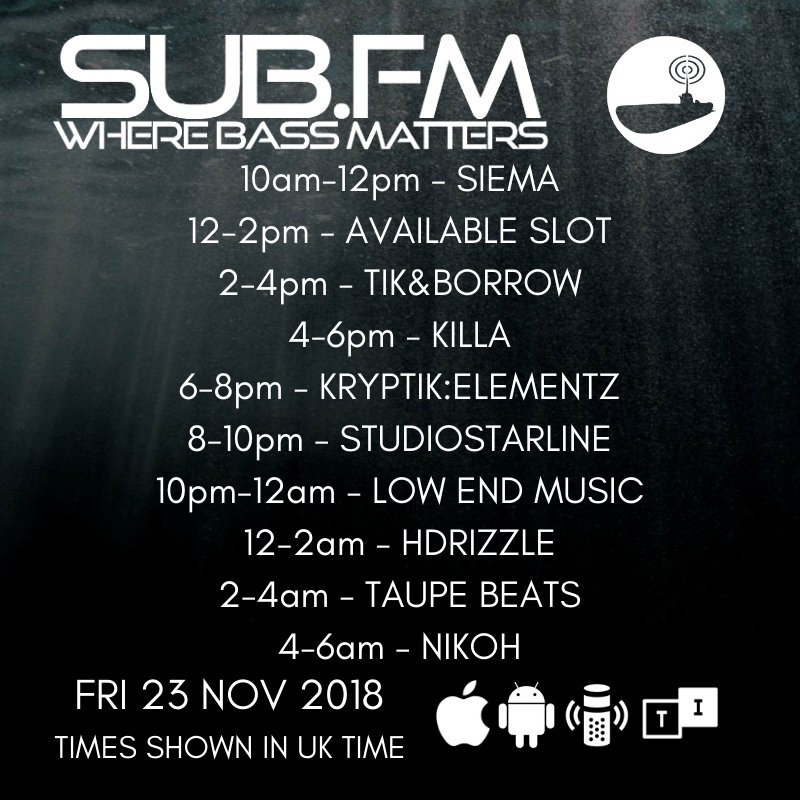 SubFM's tweet image. The lineup for Friday 23rd November 2018

Sub.FM

@tikandborrow @KryptikElementz @djsyte @freudubs @StudioStarline @HDrizzlesMuzik

#Dubstep #UKGarage #BassMusic #DnB #Grime #Dub #Reggae #House #Techno #Juke #Bass #Radio