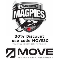 Camberwell Magpies (@magpiescmcc) on Twitter photo .<a href="/move_underwear/">Move Performance Underwear</a> - player sponsor of our First XI captain <a href="/andrewfekete/">Andrew Fekete</a> - is offering a special #BlackFriday discount for the Camberwell Magpies family this weekend!
Head to moveunderwear.com.au and use the discount code 'MOVE30'! Sale ends on Monday night! .<a href="/move_underwear/">Move Performance Underwear</a> - player sponsor of our First XI captain <a href="/andrewfekete/">Andrew Fekete</a> - is offering a special #BlackFriday discount for the Camberwell Magpies family this weekend!
Head to moveunderwear.com.au and use the discount code 'MOVE30'! Sale ends on Monday night!