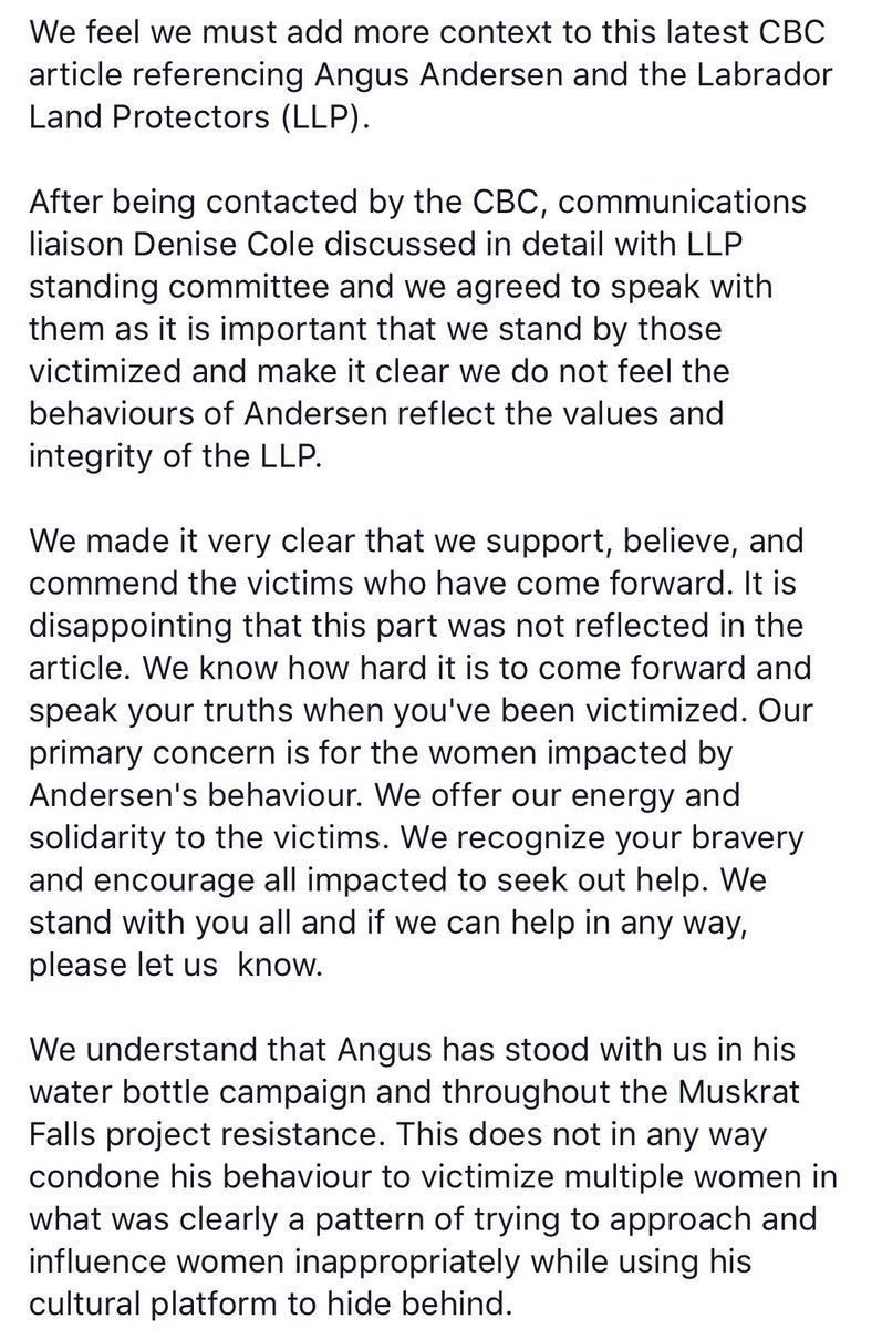 protectlabrador's tweet photo. A longer statement from the Labrador Land Protectors regarding Angus Andersen is below, and can also be found on our Facebook page. 

We stand with the victims. 

With respect and in solidarity,
LLP https://t.co/GnSkahltUw