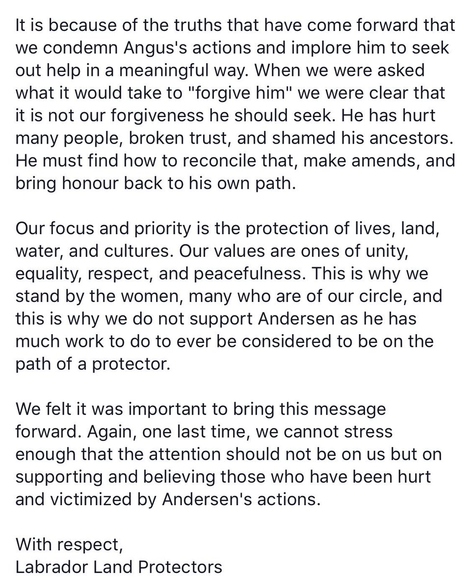 protectlabrador's tweet photo. A longer statement from the Labrador Land Protectors regarding Angus Andersen is below, and can also be found on our Facebook page. 

We stand with the victims. 

With respect and in solidarity,
LLP https://t.co/GnSkahltUw