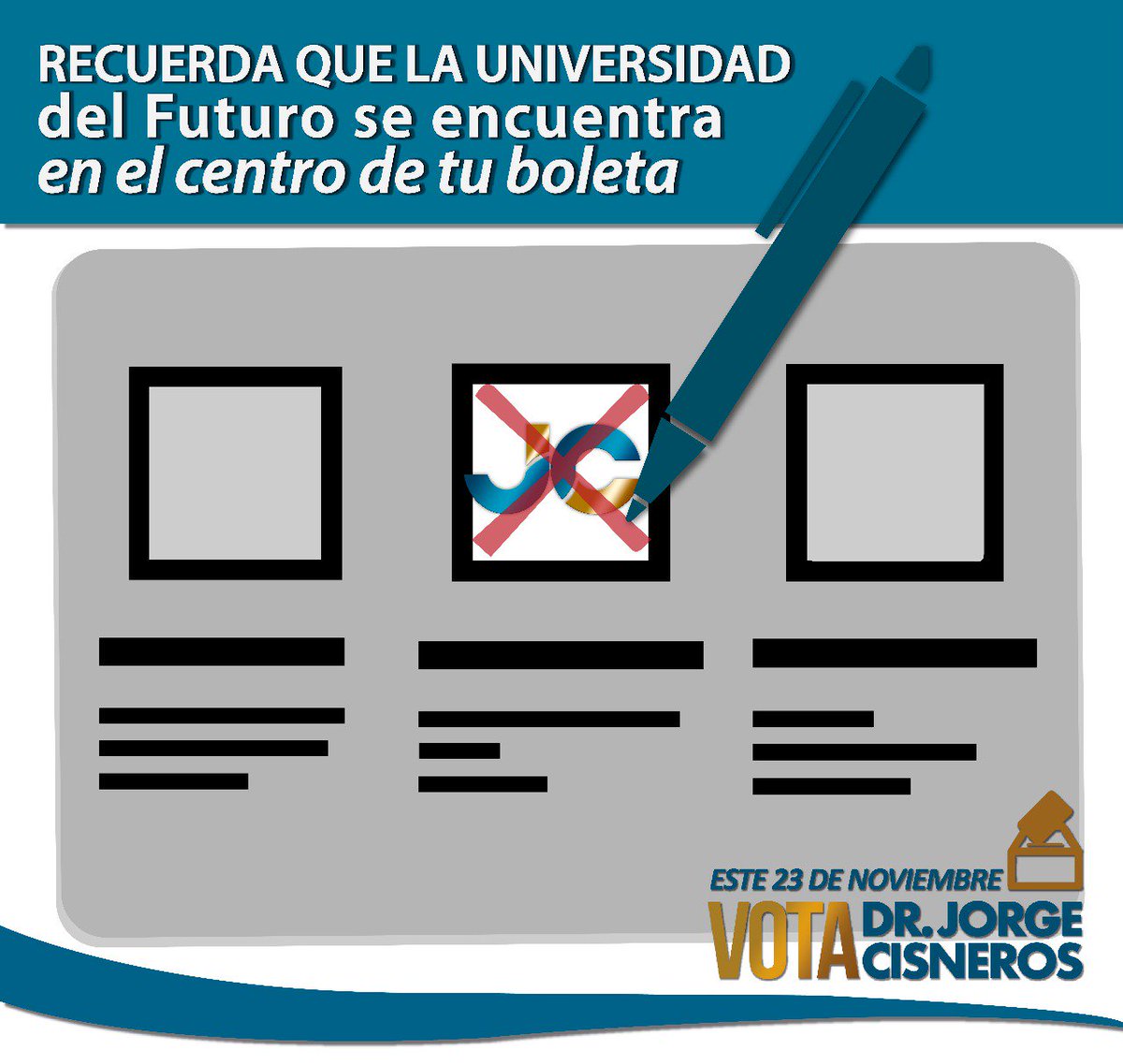 jcisnerosmtz's tweet photo. Al centro de tu boleta encontrarás la Universidad del Futuro.
Estamos muy cerca.
#CISNEROSRECTOR👨🏽‍⚕️
#VOTASEGURO✔️
#VOTASINLÍNEA❌ https://t.co/y9qYiwFqAB