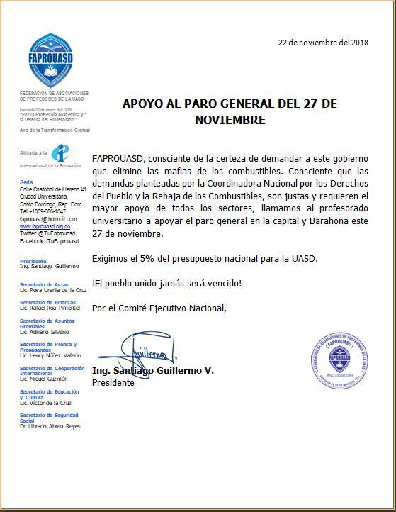 HOY la FederaciÃ³n de Asociaciones de Profesores de la UASD #FAPROUASD emitiÃ³ el siguiente comunicado en apoyo al #PARO27DeNoviembre #SePARAlaCapital