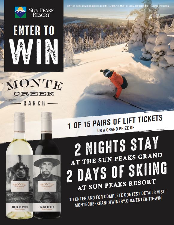MonteCreekWine's tweet photo. ENTER TO WIN with @SunPeaksResort. We have partnered with select liquor stores around BC to give you the opportunity to win lift passes or a weekend getaway! Learn more at: https://t.co/ckjEyVVY6Z @Brockcentreliq @foxliquorstore @StagsHeadLRS #BCWine #SunPeaks https://t.co/cCH3MdWeX9