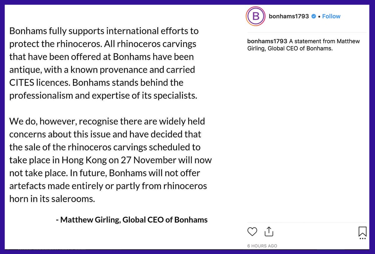 WildAidHK's tweet image. Guys, we did it!!! HUGE THANKS to @bonhams1793 for cancelling its upcoming Hong Kong #rhino horn sale - as well as ALL future rhino horn sales! instagram.com/p/BqfYH30FNv1/
This makes a BIG difference, and we sincerely thank Bonhams for taking this ethical and responsible action. Yay!