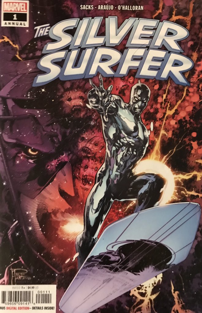 Silver Surfer Annual 1- I haven’t bought new comics regularly for 10 years, today I got 6. I will review each. This was a one-shot annual set before the Surfer first came to Earth. Tan cover.
#EthanSacks
#AndréLimaAraújo
#ChrisO’Halloran
#TravisLanham
#PhilipTan
#MarteGracia