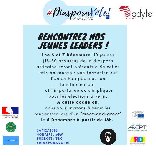 AcpDyss's tweet photo. 10 young leaders of ages 18 to 30 years old will be selected to follow a training concerning the European Union on the 6 and 7 Decembers 2018, The starting point of a great Citizen initiative with  great magnitude, entitled #DiasporaVote !. @forum_ADYFE @WYAeurope @WomanDigital https://t.co/lKiuQWTB3N