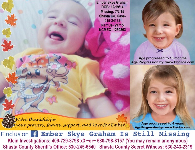 FindEmberGraham's tweet photo. Happy Thanksgiving from the Graham family. Thank you for helping us work to find #Ember. 
Pls RT for #EmberGraham #BabyEmber #Redding #Missing #CA @MissingFindMe @IHaveVanished @mediaformissing @thevanishedpod @camissingreport @aware_the @MissingKids @lostnmissing  @missingpeople https://t.co/XU4FF0Thm7