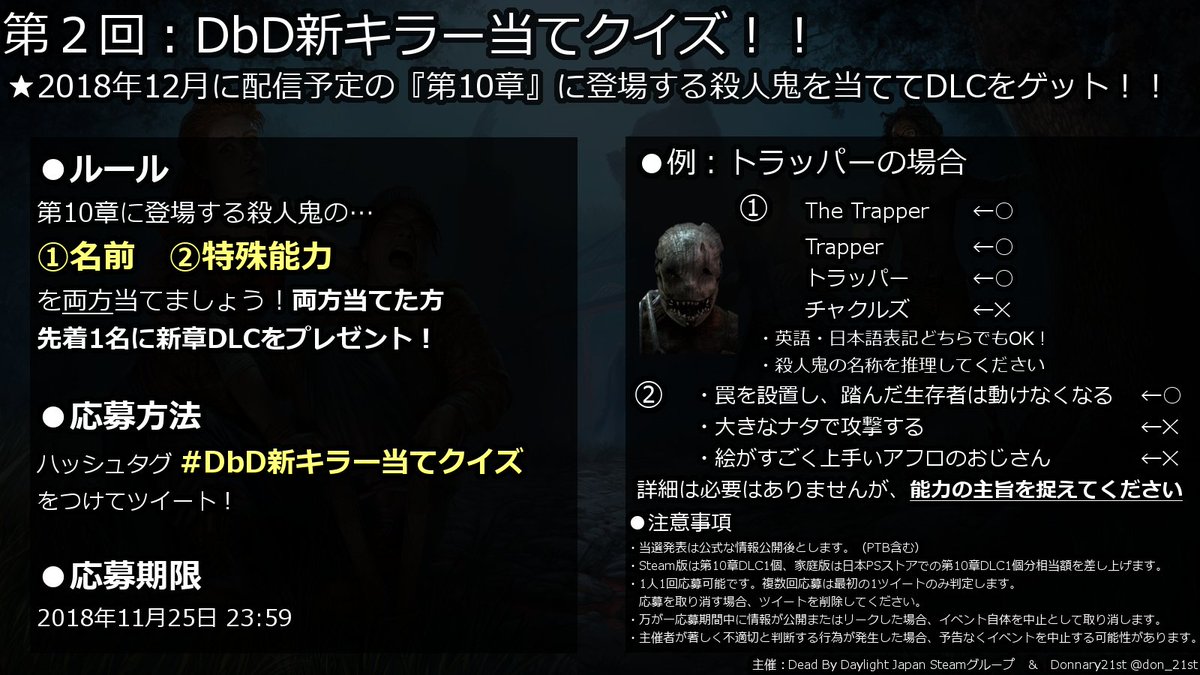 Donnary21st On Twitter Deadbydaylight プレゼント企画 殺人鬼の名前と能力を当ててdlcをゲット デッドバイデイライト Dbd Dbd新キラー当てクイズ開催 新殺人鬼の 名前 特殊能力 を当てた方先着1名にdlcをプレゼント ハッシュタグ Dbd新キラー