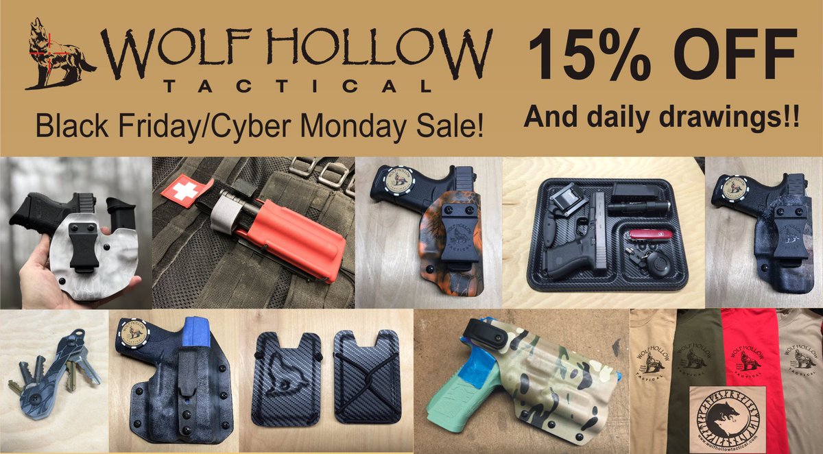 WolfHollowTact's tweet photo. A blowout so big we couldn’t contain it in one weekend! Sale ends at midnight Cyber Monday Nov. 29th. We have a 15% off discount code and daily random giveaways!
Use code: BFCM18 to save 15% off your order of $40 or more.
https://t.co/pLzdXJoCuq
 #wolfhollowtactical #blackfriday https://t.co/1K9gc1404r