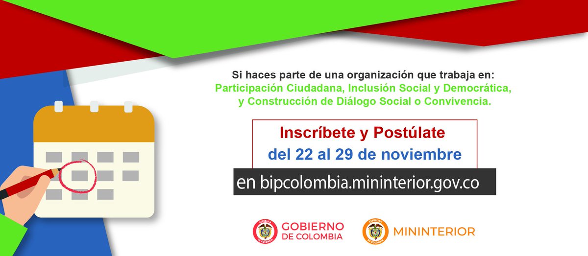 BIPColombia1's tweet photo. La convocatoria de @Mininterior se encuentra abierta, si haces parte de una organización comunal o social que promueva la participación, postula tu iniciativa al #BipColombia2018 hasta el 29 de noviembre, encuentra la información en https://t.co/uzRviUStIF https://t.co/B6sDP7uiZo