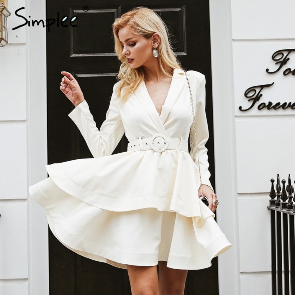 #hashtag1 Simplee Elegant ruffle turndown collar white dress Sash high waist women dress long sleeve sexy dresses female