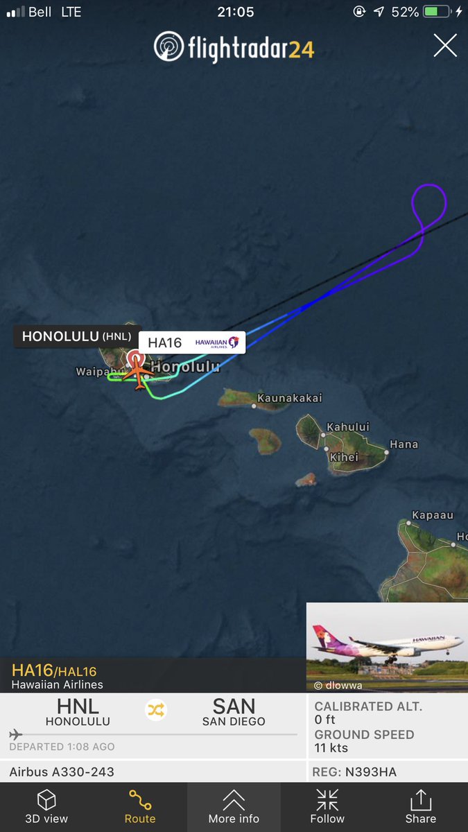 TomPodolec's tweet photo. ↩️ DIVERSION
Hawaiian Airlines #HA16 to San Diego just returned to Honolulu. Dumped fuel enroute to reduce landing weight. Unknown issue.
https://t.co/xA8tDRyWF6 https://t.co/9nL8QfsJQh