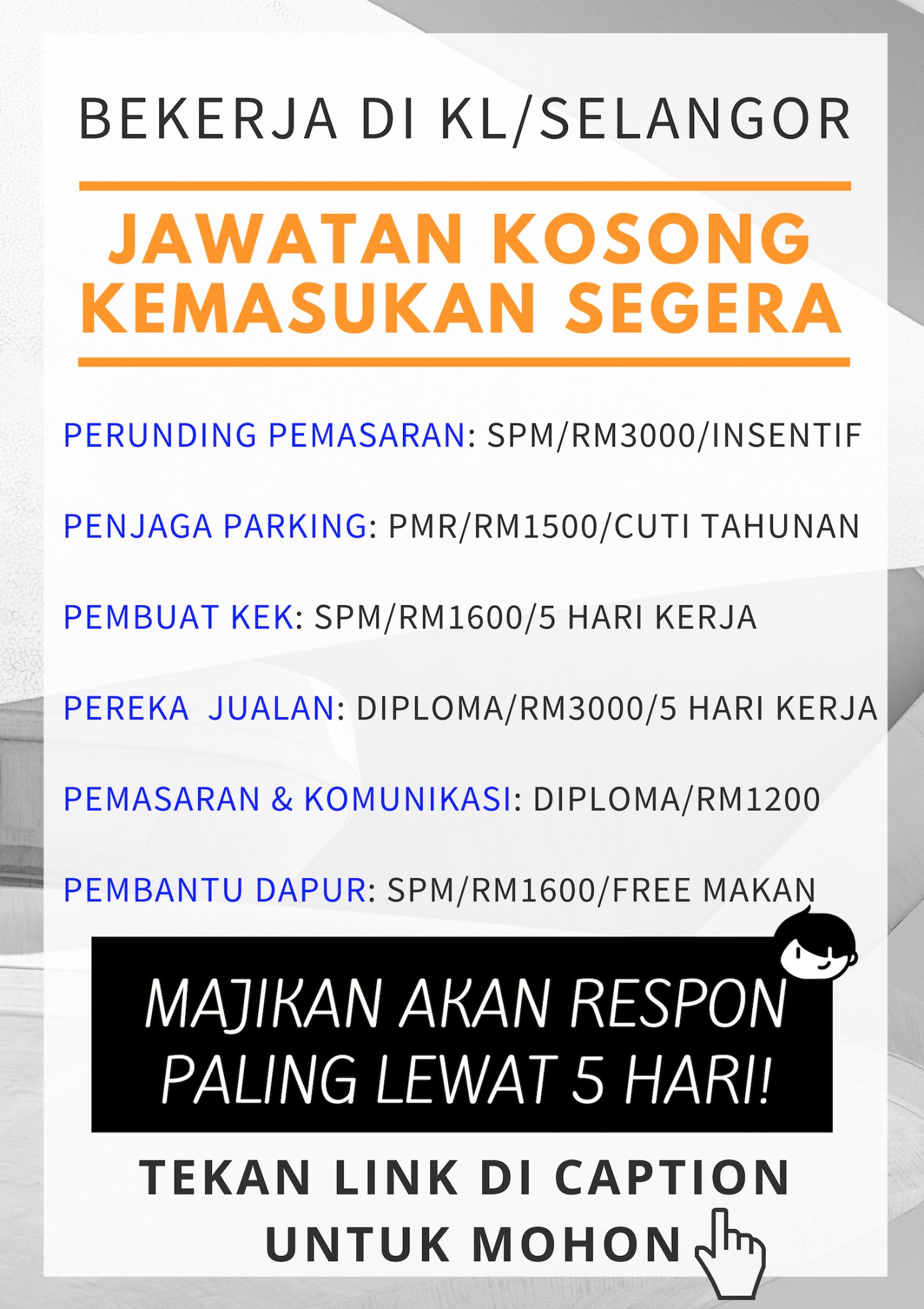 Maukerja On Twitter Jawatan Kosong Kemasukan Segera Kl Selangor Majikan Akan Respon Paling Lewat 5 Hari Tekan Link Untuk Mohon Sekarang Penjaga Parking Https T Co B9wscinubt Pembuat Kek Https T Co 327ickurlr Https T Co La5dmzxunj Twitter