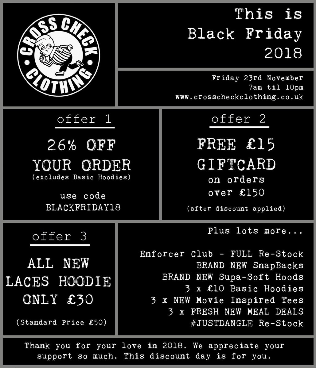 crosscheckuk's tweet photo. BLACK FRIDAY IS HERE.
7am to 10pm TODAY ONLY.
Use code; BLACKFRIDAY18 at checkout to apply discount.

- Basic Hoodies ☑️
- New tees ☑️
- New hoodies/jackets ☑️
- Meal Deals ☑️

We’ve got it all today. With 26% off everything! (exc. Basics)

This is for you. https://t.co/VYUweWLL0j