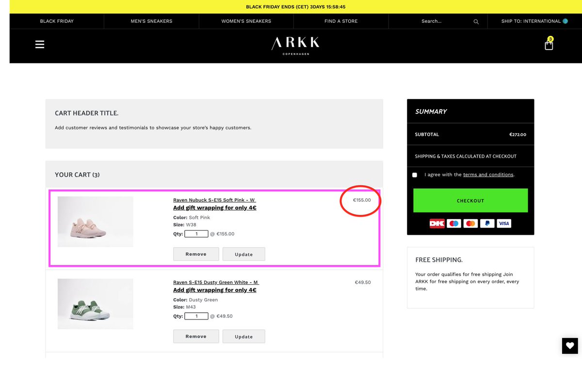 oreli__7's tweet photo. @arkkcopenhagen issues with the #BlackFriday2018 sale - different prices showing in listing and shopping cart https://t.co/YaQUW2azQ5