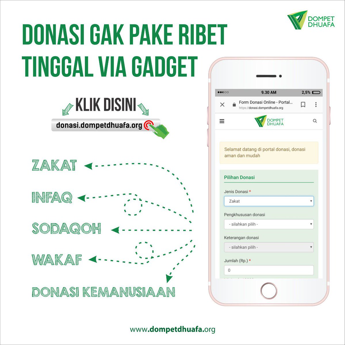13. Berbagi itu Mudah, semudah buka hape dan ketik donasi.dompetdhuafa.org  #JanganTakutBerbagi