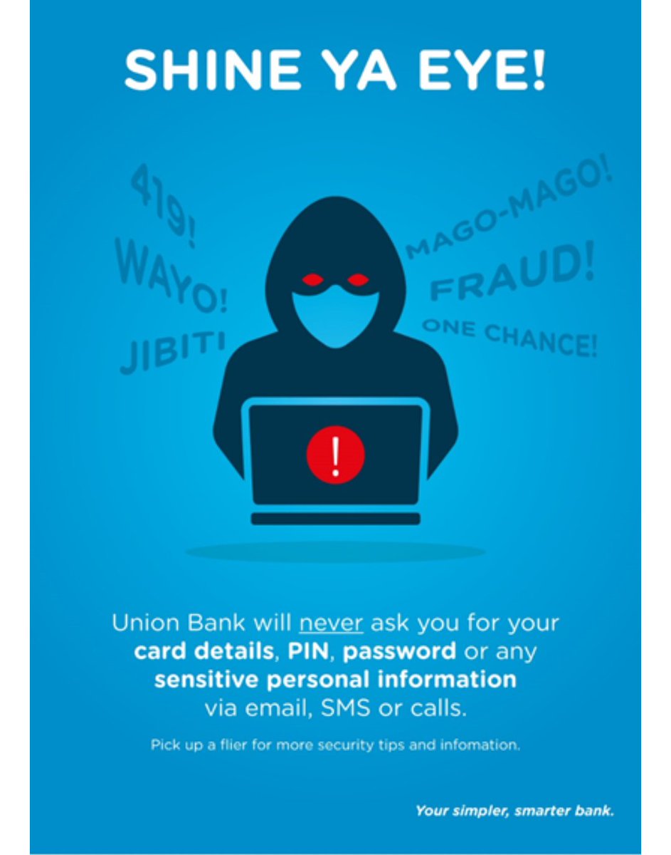 Falilatt_'s tweet photo. @UNIONBANK_NG will never ask for your bank pin or any confidential question... If you receive a text or call requesting of such in the guise of Union Bank official.  Kindly not respond and report such case.
    #SimplerBanking https://t.co/WJMBpgs8jR